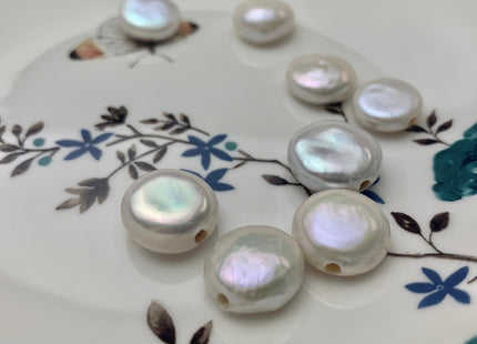 One Piece 14-15 mm AAAAA Natural White Large Hole Coin Pearl Hole Size 2.1 mm High Luster Top Quality Genuine Freshwater Coin Pearls #P1136