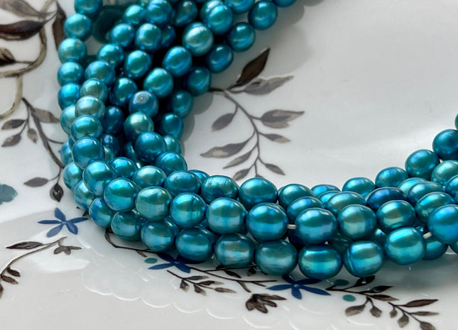 6x6.5-7 mm Electric Blue Color Rice Oval Freshwater Pearls Genuine Freshwater Pearl Beads Blue Freshwater Rice Pearls 62 Beads #P2146