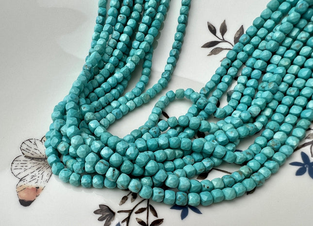4mm Micro Faceted Cube Dice Square Shape Multi Blue Turquoise Blue Brown Color Turquoise Gemstone Beads 15.5 Inches #4202