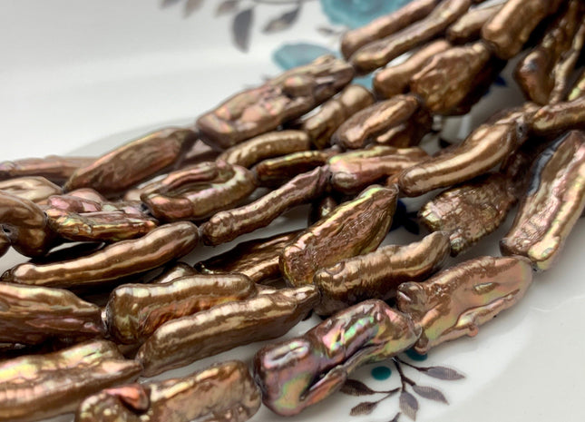 7-8x15-25 mm AAA Dark Brown Copper Color Biwa Stick Freshwater Pearl Beads Genuine Rare High Luster Golden Brown Biwa Stick Pearls #P1236