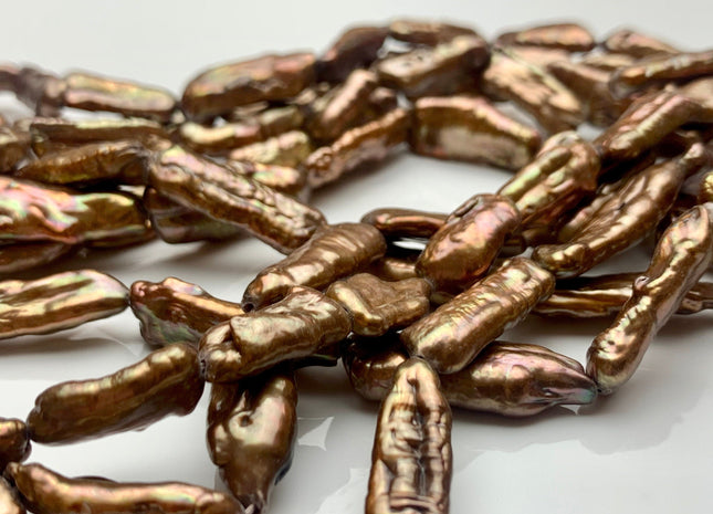 7-8x15-25 mm AAA Dark Brown Copper Color Biwa Stick Freshwater Pearl Beads Genuine Rare High Luster Golden Brown Biwa Stick Pearls #P1236