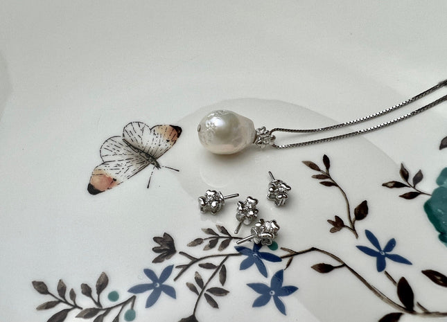 One Piece 925 Sterling Silver/Gold Pendant Setting Findings For Half Drilled Pearls Clover Leaf Design W/CZ Sterling Silver Pendant #10349
