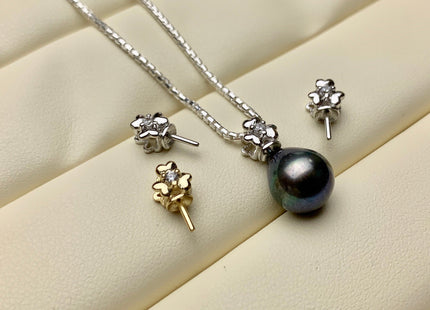 One Piece 925 Sterling Silver/Gold Pendant Setting Findings For Half Drilled Pearls Clover Leaf Design W/CZ Sterling Silver Pendant #1738-A