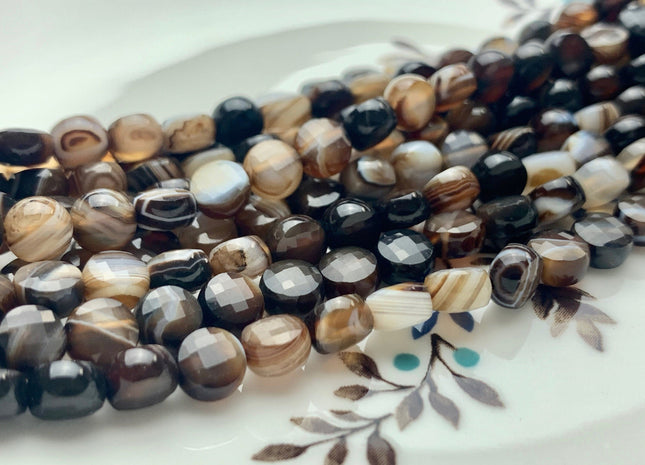6 mm Micro Faceted Diamond Cut Brown And White Color Flat Coin Disc Shape Botswana Agate Gemstone Beads Genuine Agate 15 Inches Strand #2819