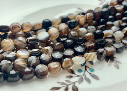 6 mm Micro Faceted Diamond Cut Brown And White Color Flat Coin Disc Shape Botswana Agate Gemstone Beads Genuine Agate 15 Inches Strand #2819