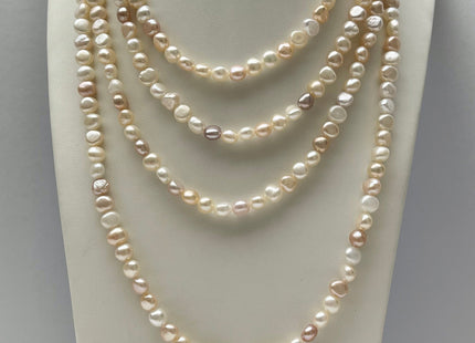 64 inches Genuine Natural White & Pink Round Potato Nugget 7mm Freshwater Pearl Necklace, Bridal Pearl Necklace Long Pearl Necklace #661