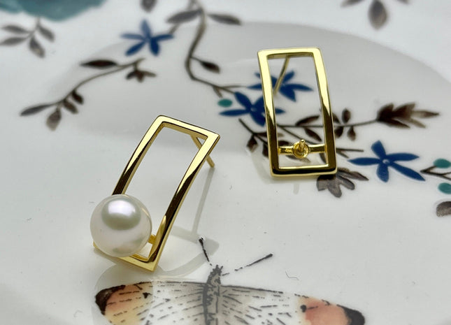One Pair 925 Sterling Silver/Gold Setting Findings For Half Drilled Pearls Rectangular Shape Design Sterling Silver Earring Findings #10258