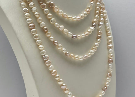 64 inches Genuine Natural White & Pink Round Potato Nugget 7mm Freshwater Pearl Necklace, Bridal Pearl Necklace Long Pearl Necklace #661
