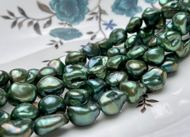 11-13 mm Forest Green Color Keshi Nugget Freshwater Pearl Beads Large Size Dark Forest Green Color Keshi Nugget Pearl Beads #P1927