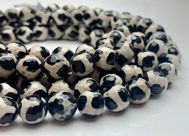 8mm 10mm 12mm AAA DZI Tibetan Agate Faceted Round Multi Black And White Color Football Agate Gemstone Loose Beads 15 Inches Strand #3271