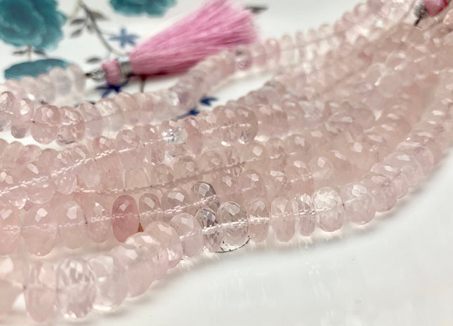 7-11 mm AAA 100% Natural Faceted Rondelle Rose Quartz Gemstone Top Quality Natural Gemmy Pink Color Rose Quartz Beads 8 Inches #2948