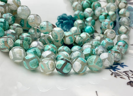 8 mm 10 mm DZI Tibetan Agate Faceted Round Aqua Green And White Color Football Agate Gemstone Loose Beads 15 Inches Strand #2388