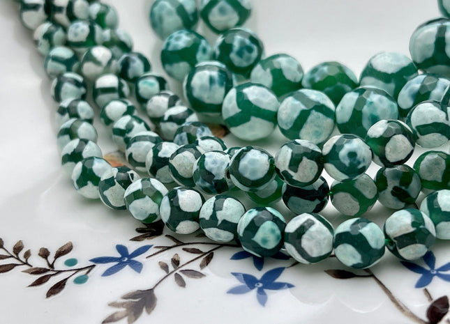 8 mm or 12 mm AAA DZI Tibetan Agate Faceted Round Multi Green And White Color Football Agate Gemstone Loose Beads #4053