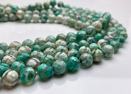 8 mm 10 mm DZI Tibetan Agate Faceted Round Aqua Green And White Color Football Agate Gemstone Loose Beads 15 Inches Strand #2388