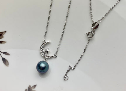 Genuine AAAA 8.5mm Blue Peacock Round Freshwater Pearl W/925 Sterling Silver Chain Moon Shape Design Pearl Necklace Bridal Jewelry #10093-AA