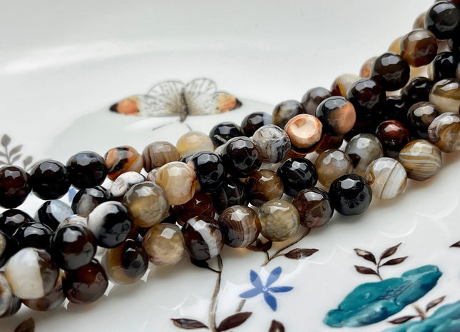 8mm Faceted Round Agate Gemstone Beads Multi Brown Gray White Color Genuine Heat Treated Agate Gemstone Loose Beads 14 Inches Strand #3885