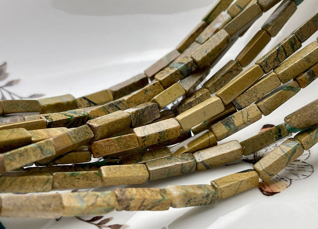 4-5x13 mm Cuboid Tube Shape Picture Jasper Gemstone Beads Green Brown Picture Jasper Gemstones Loose Beads 15.5 Inches Strand #3827