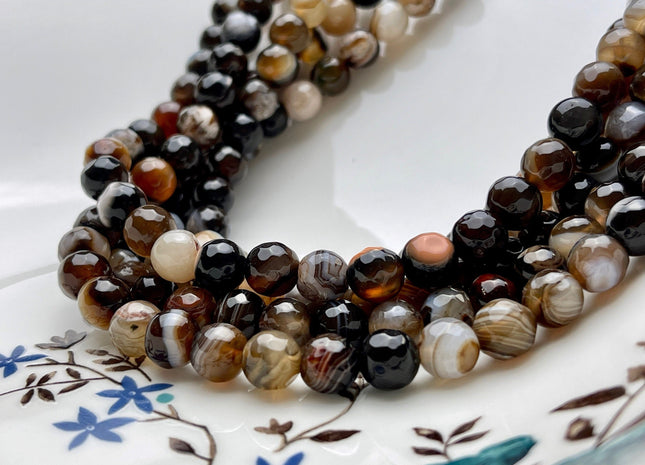 8mm Faceted Round Agate Gemstone Beads Multi Brown Gray White Color Genuine Heat Treated Agate Gemstone Loose Beads 14 Inches Strand #3885