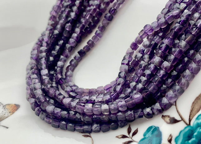 4 mm Micro Faceted Cube Dice Square Shape Amethyst Genuine Diamond Cut Natural Purple Color Gemstone Beads 15.5 Inches 100 Pieces #3554