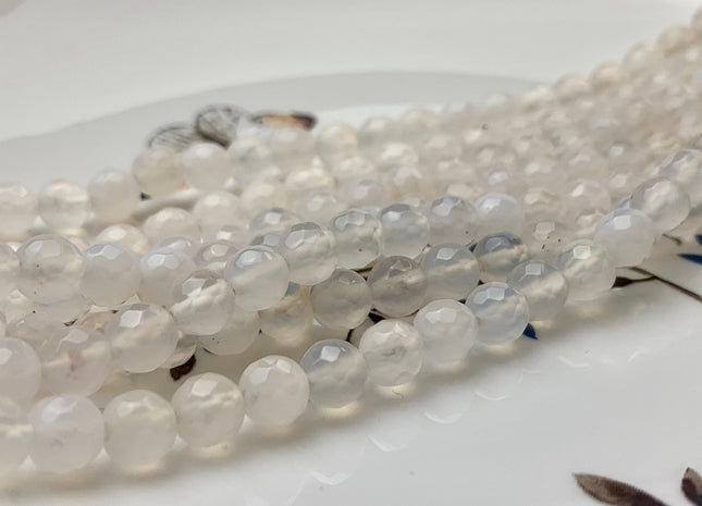 6mm 8mm 10mm 12mm Faceted Round Translucent White selenite Color Agate Gemstone Beads Genuine Agate Gemstone 14 Inches Strand #2809