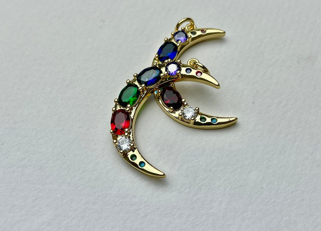 Crescent Moon Design Charms for Necklace Jewelry Making, 18K Gold Filled Charm Pendant With Colored CZ Crystals, One Piece #CR0018