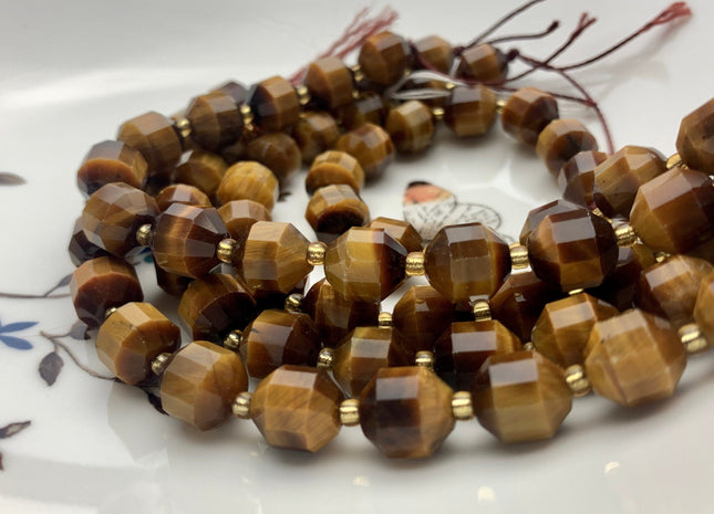 9x10mm AAA Half Strand Faceted Energy Prism Cut Tiger Eye Beads Genuine Double Terminated Points Natural Yellow Tiger Eye 16 Pieces #3606