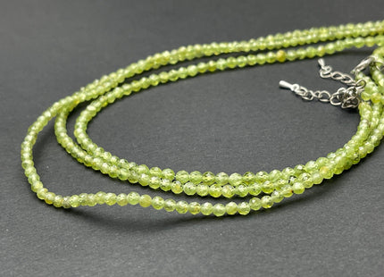3mm Faceted Round Tiny Natural Light Green Peridot Gemstone Beads Cute 15 or 18 Inch Necklace and Extender W/Silver Lobster Clasp #4097