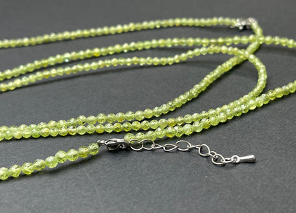 3mm Faceted Round Tiny Natural Light Green Peridot Gemstone Beads Cute 15 or 18 Inch Necklace and Extender W/Silver Lobster Clasp #4097