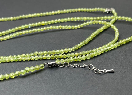 3mm Faceted Round Tiny Natural Light Green Peridot Gemstone Beads Cute 15 or 18 Inch Necklace and Extender W/Silver Lobster Clasp #4097