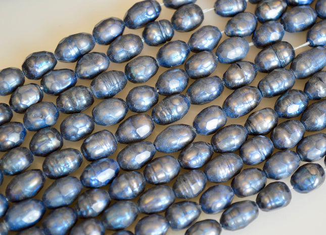 6-7x8-9mm Faceted Rice/Oval Freshwater Pearl Beads Dark Blue Color Pearl #815