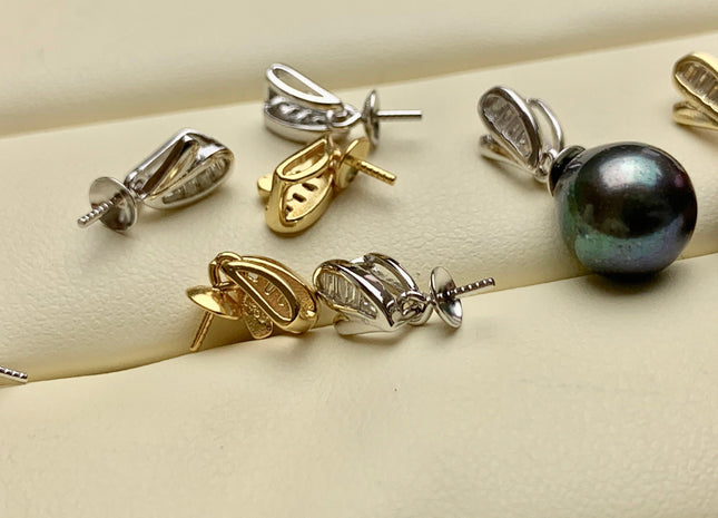 One Piece 925 Sterling Silver/Gold Pendant Setting Findings For Half Drilled Pearls Wing Shape Design W/CZ Sterling Silver Pendant #10359