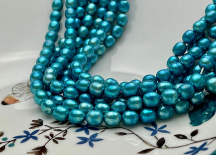 6x7-8 mm AA Bright Turquoise Color Rice Oval Shape Freshwater Pearl Beads Genuine Smooth And Shiny Rice Oval Pearls #P1982
