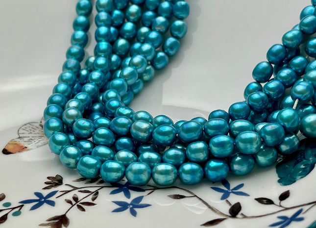 6x7-8 mm AA Bright Turquoise Color Rice Oval Shape Freshwater Pearl Beads Genuine Smooth And Shiny Rice Oval Pearls #P1982