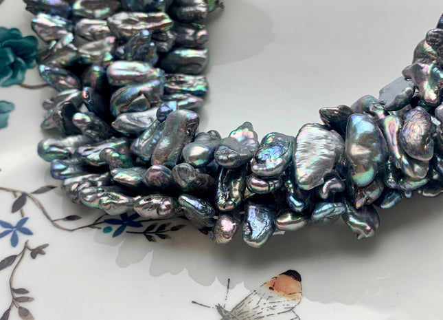 6-8x13-19 mm Gray Peacock Biwa Stick Freshwater Pearl Beads Genuine Cultured Center Drilled Peacock Biwa Pearl Beads 51-52 Pieces #P1531