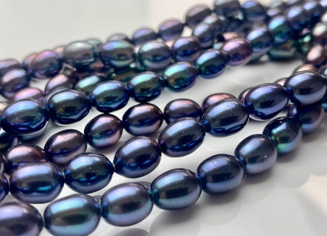 7-7.5x9-9.5 mm AAAA Blue Peacock Color Oval/Rice Freshwater Pearls High Quality/Luster Blue Peacock Long Oval Pearls 42 Pieces #P1428