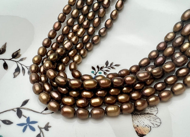 6.5x8.5 mm AAA Copper Brown Color Freshwater Rice/Oval Pearls Genuine High Luster Chocolate Brown Freshwater Rice Pearl Beads #P2263