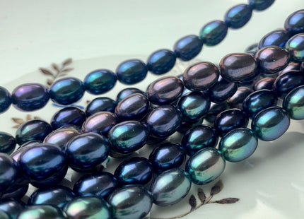 7-7.5x9-9.5 mm AAAA Blue Peacock Color Oval/Rice Freshwater Pearls High Quality/Luster Blue Peacock Long Oval Pearls 42 Pieces #P1428