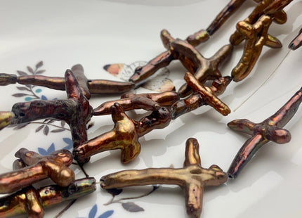 23-32x27-43 mm Brown Color Cross Biwa Freshwater Pearl Beads Genuine Pearl Cross Beads #P1293