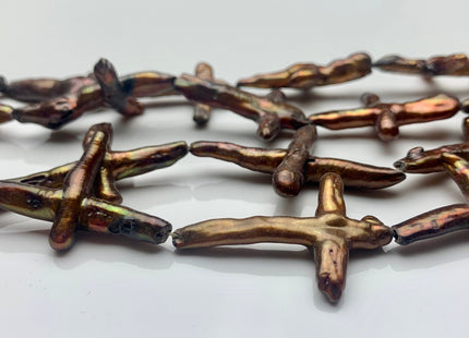 23-32x27-43 mm Brown Color Cross Biwa Freshwater Pearl Beads Genuine Pearl Cross Beads #P1293