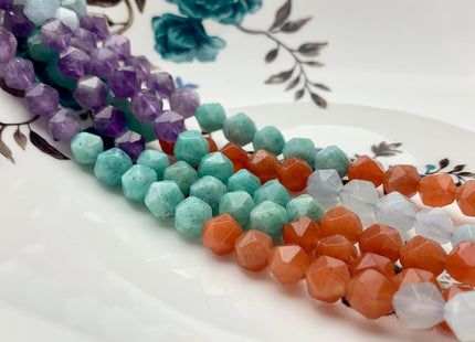 7-8 mm AAA Faceted Star Cut Mixed Gemstone Beads Genuine Amethyst Amazonite Carnelian Aquamarine Loose Beads 15 Inches Strand #2719