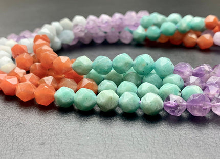 7-8 mm AAA Faceted Star Cut Mixed Gemstone Beads Genuine Amethyst Amazonite Carnelian Aquamarine Loose Beads 15 Inches Strand #2719