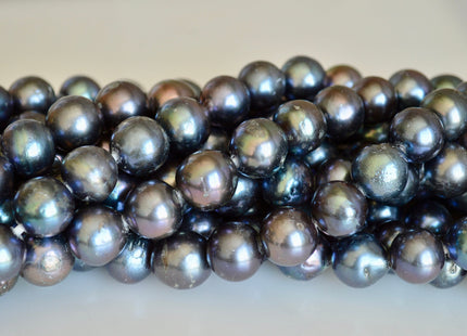 12-14 mm Half Strand Large Hole Dark Peacock Freshwater Pearl Beads Graduated Off Round Shape Hole Size 2.2 mm 8 Inches 15 Beads #776