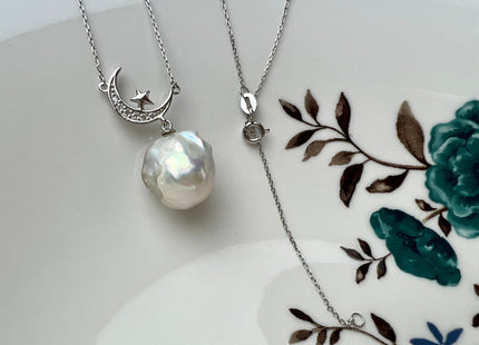 Genuine AAAA 12-13x15-18mm Natural White baroque Pearl Sterling Silver/Gold Star Moon Shape Design Pearl Necklace Bridal Jewelry #10093-B
