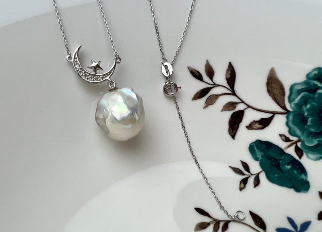 Genuine AAAA 12-13x15-18mm Natural White baroque Pearl Sterling Silver/Gold Star Moon Shape Design Pearl Necklace Bridal Jewelry #10093-B