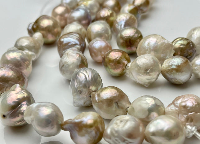 12-14x15-17 mm Half Strand Large Hole Natural Baroque Pearl 2.2 mm Hole, Natural Seaweed White & Pink Jumbo Baroque Pearl Beads #239
