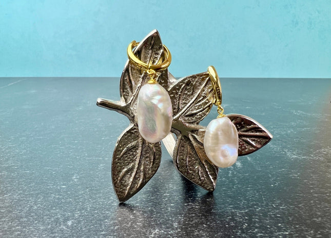 12x15 mm AAAA Natural White Keshi Freshwater Pearl Hoop Earrings Very Rare Super High Luster Keshi Pearl Silver/Gold Earrings #10277-A