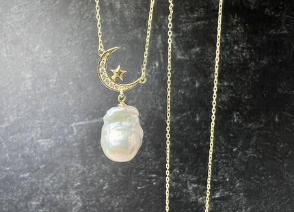 Genuine AAAA 12-13x15-18mm Natural White baroque Pearl Sterling Silver/Gold Star Moon Shape Design Pearl Necklace Bridal Jewelry #10093-B