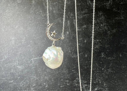 Genuine AAAA 12-13x15-18mm Natural White baroque Pearl Sterling Silver/Gold Star Moon Shape Design Pearl Necklace Bridal Jewelry #10093-B
