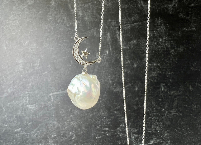 Genuine AAAA 12-13x15-18mm Natural White baroque Pearl Sterling Silver/Gold Star Moon Shape Design Pearl Necklace Bridal Jewelry #10093-B
