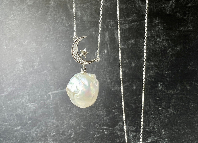 Genuine AAAA 12-13x15-18mm Natural White baroque Pearl Sterling Silver/Gold Star Moon Shape Design Pearl Necklace Bridal Jewelry #10093-B